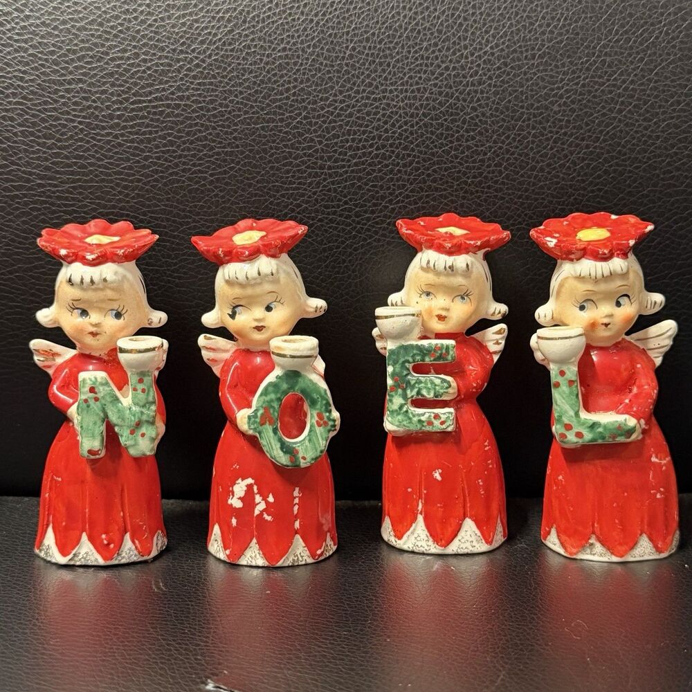 Vintage 1950s Commodore Christmas Noel Angel Candle Holders Figurines Japan